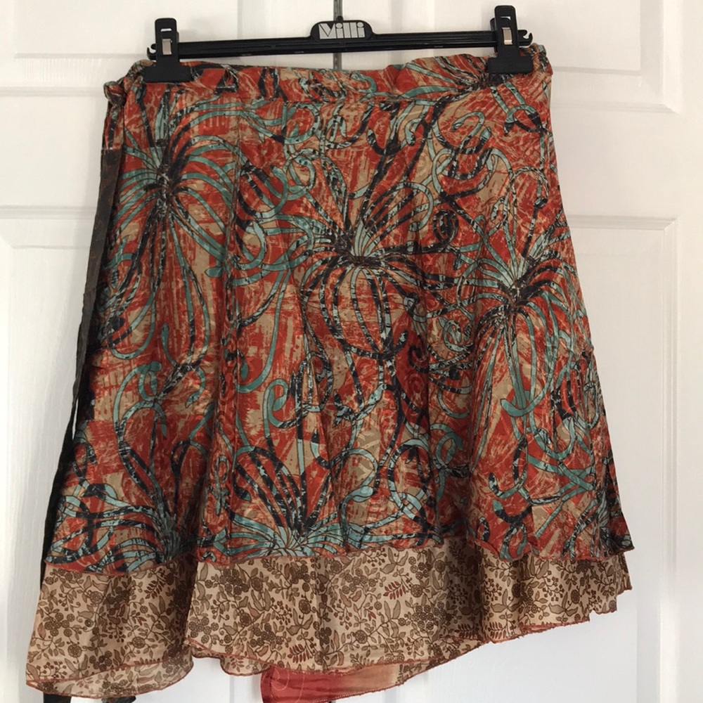 Sari wrap skirt, reversible,orange/tan/blue